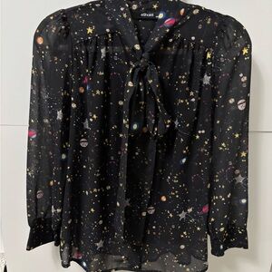 eShakti Black Starry Print Blouse tie neck see through attached tank top space